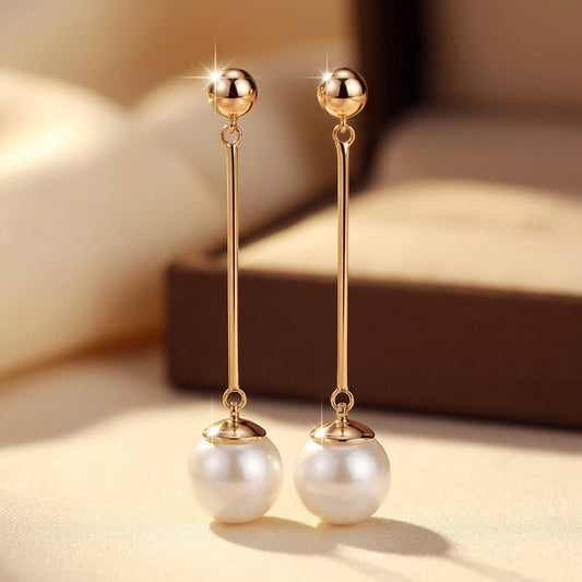 Gold Long Pearl Drop Earrings