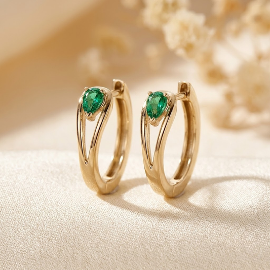 Gold Emerald Accent Hoop Earrings