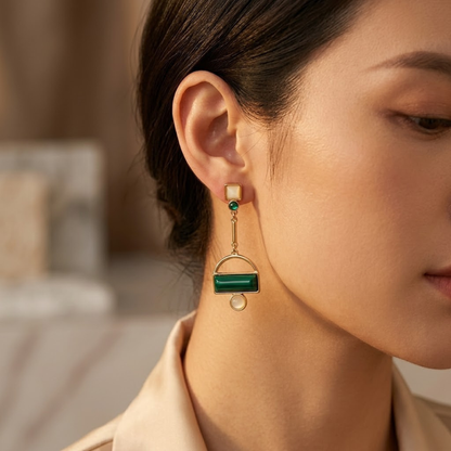 Gold Emerald Geometric Drop Earrings