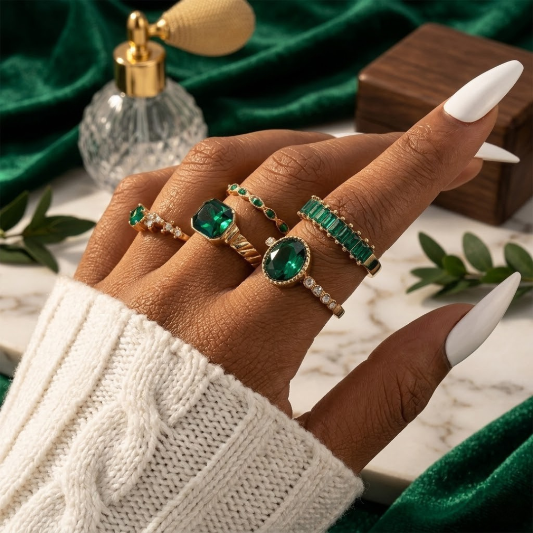 Gold Emerald Ring Set