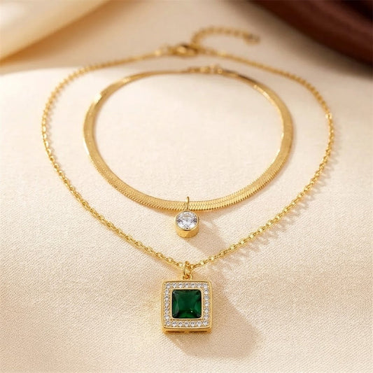 Gold Emerald Layered Necklace