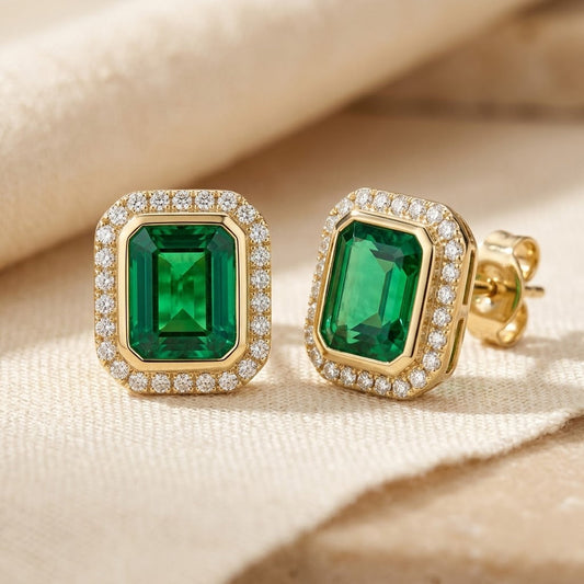 Gold Emerald Square Halo Stud Earrings