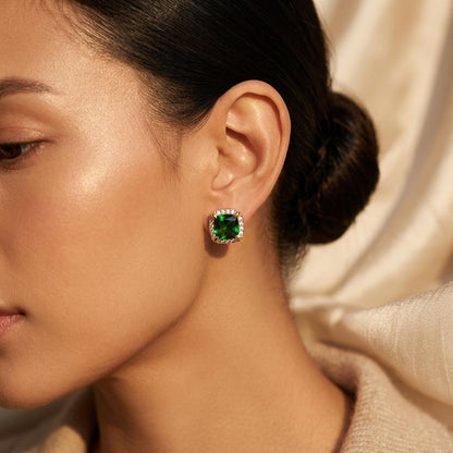 Gold Emerald Halo Stud Earrings