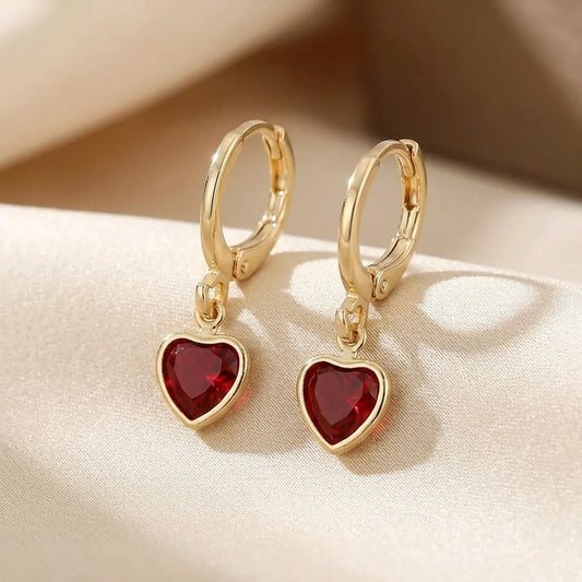Gold Ruby Heart Drop Earrings