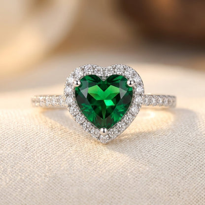 Silver Emerald Heart Halo Ring